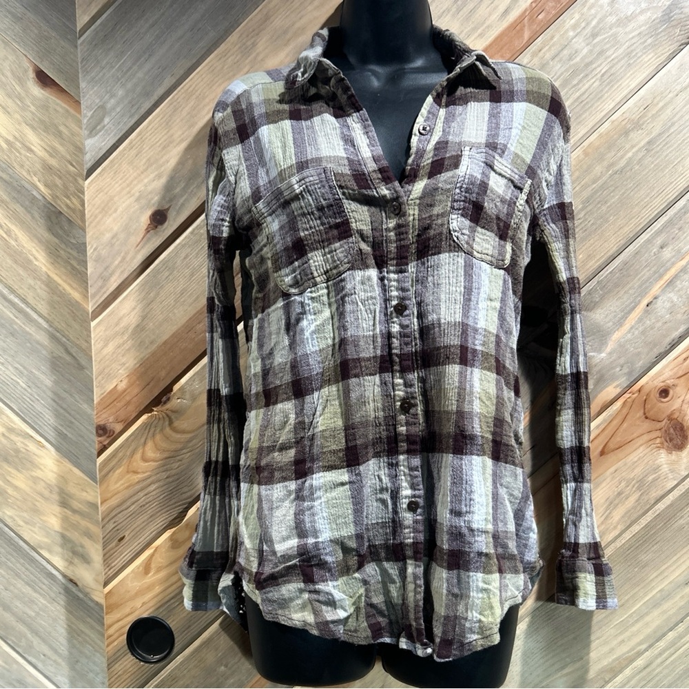 Country Girl Stylish Crochet Back Crinkle Gauze Pocketed Plaid Button-Up Shirt